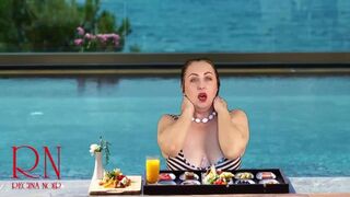 Regina Noir's juicy melons tempt at nude outdoor pool orgies, nudist hotel hook-ups