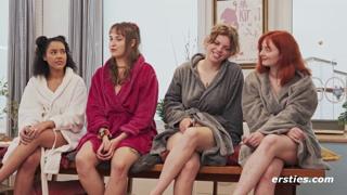 Four-way tit-fuck fest starring earliest-ever porn debutantes in a messy, cum-soaked extravaganza