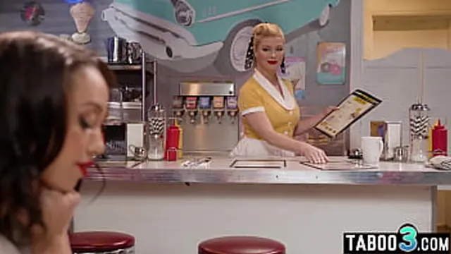 Ebony lesbian teen Alexis Tae eating a blonde MILF waitress juicy pussy