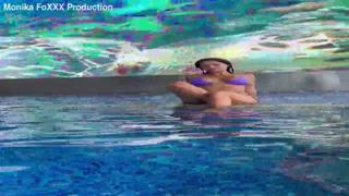 Monika Fox gets wet 'n' wild by window, poolside pose, city view, no pants, goin wild!