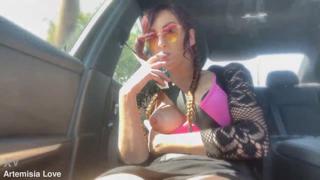 Quivering tanned Italian vixen flashes her enormous globes & rigid cones in a sweltering auto affair