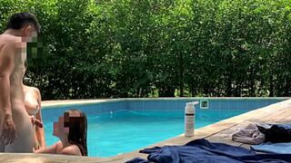 Natasha & Megan trade sunbathing for poolside booty calls, then share studs with a lucky dude