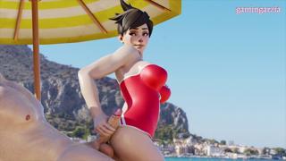 Swimsuit-clad cutie strokes enormous glowstick dong