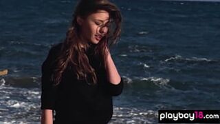 Sexy Ukrainian teen Mila Azul takes uniform off to reveal massive, all-natural tits