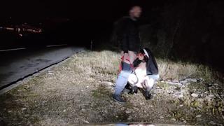 Raunchy nun gets filthy cum facial on dirty asphalt