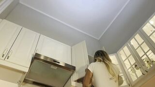 Sexy Latina's Big Tits & Backless Apron Heat Up Kitchen Coffee Prep