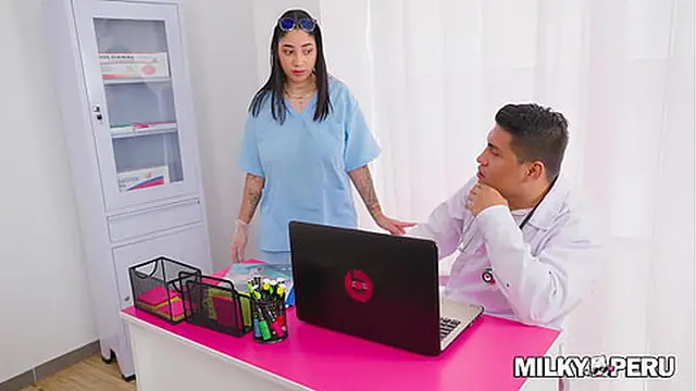 Nurse gets full load on her large breasts from patient