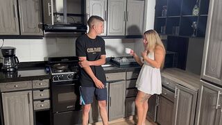 Stepmom fucks her stepson while her husband rests next to her