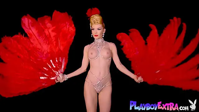 Slim busty blonde MILF Miranda performs in a seductive burlesque outfit