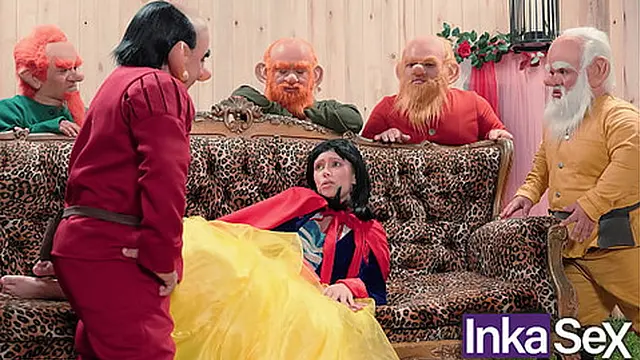 Snow White wanders into the woods and is ravished by the seven dwarfs