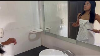 I hand my stepsister the towel and fuck her in the shower