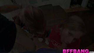 Young blonde duo sucking giftwrapped cock before doggystyle