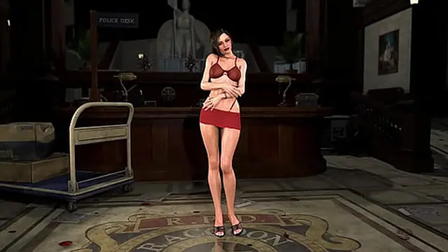 Wiry hot Claire Redfield in sexy red lingerie shows off her delightful body