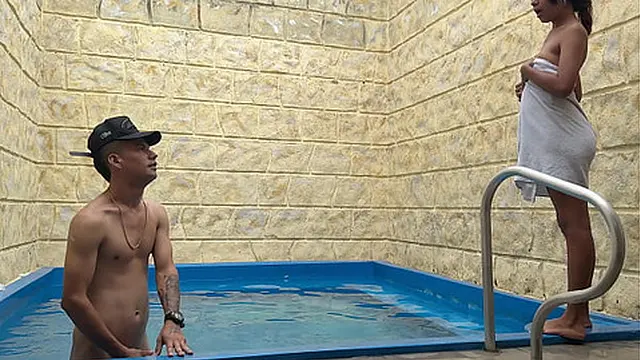 My girlfriend surprises me by putting my penis in the pool pipe &mdash;  it excites her and she wants me to fuck her 