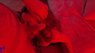 Latina MILF under Red Light Sucks Balls —  Spits on Dick —  Handjob and Huge Facial Cumshot