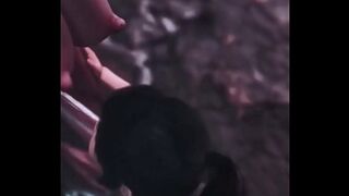 BUSTY BRUNETTE ON HER KNEES SUCKING DEMON DICK