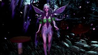 Young virgin fairy with long hair dancing sensually in a fantasy forest