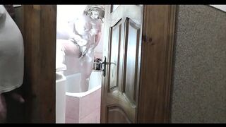 Naked woman sexy blonde in bathroom. Pervert man roommate in short T shirt without panties this watches outside —  masturbate cock and cum. Cumshot. Old young. Wet pussy. Naked in public. Natural tits