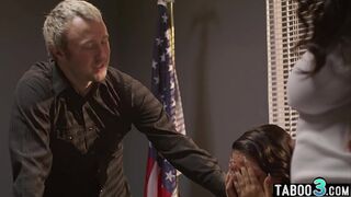 Ebony MILF August Skye and husband confronting with the latina counselor