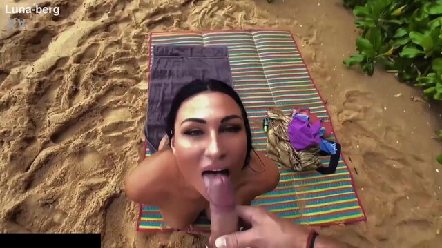 Busty nudist EXPERIENCED LADY gives a fellatio and banged doggy style on beach