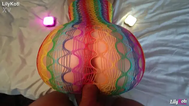 Loud blonde GF with massive tits in fishnet gets fucked doggystyle