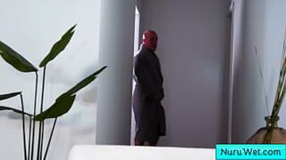 Sexy blonde broad naked massages dudes hard, gets pounded raw